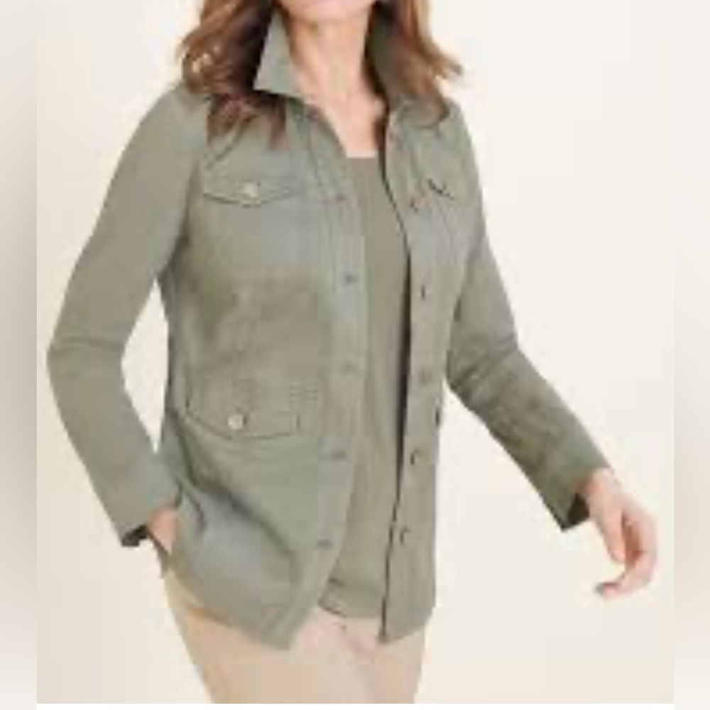 NWT Chico’s Elongated Sateen Utility Jacket Olive Green Military Safari Field - Picture 3 of 12